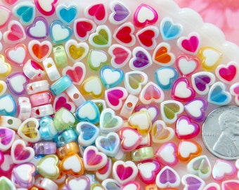 Pastel Heart Beads - 8mm Amazing Tiny AB Pastel Double Heart Resin or Acrylic Beads - 56 pc set