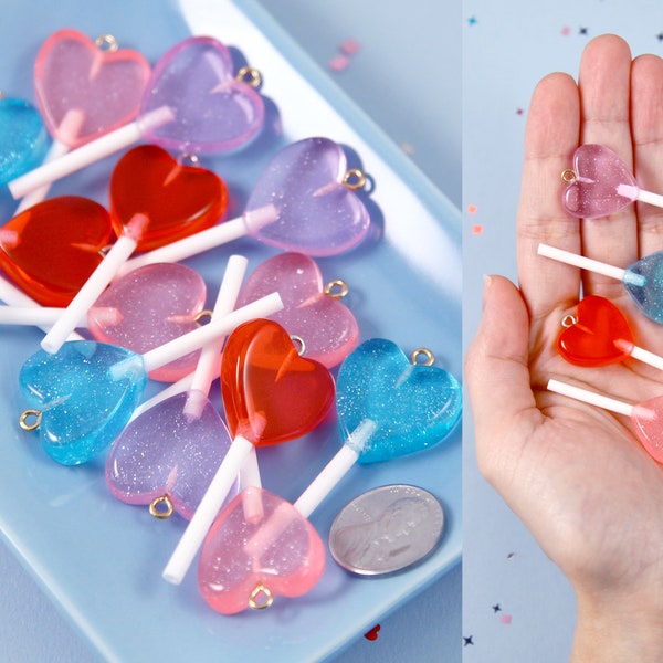 Heart Lollipop Charms - 21mm Small Heart Shaped Fake Candy Acrylic or Resin Charms - 12 pc set