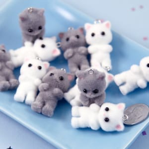 Cute Kitten Charms - 35mm Mini Fuzzy Kitty Cat Pendant Kawaii Acrylic or Plastic Charms - 2 pc set