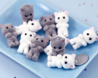 Cute Kitten Charms - 35mm Mini Fuzzy Kitty Cat Pendant Kawaii Acrylic or Plastic Charms - 2 pc set
