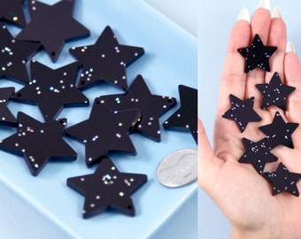 Star Charms - 30mm Black Glitter Star Acrylic or Resin Charms - 6 pc set