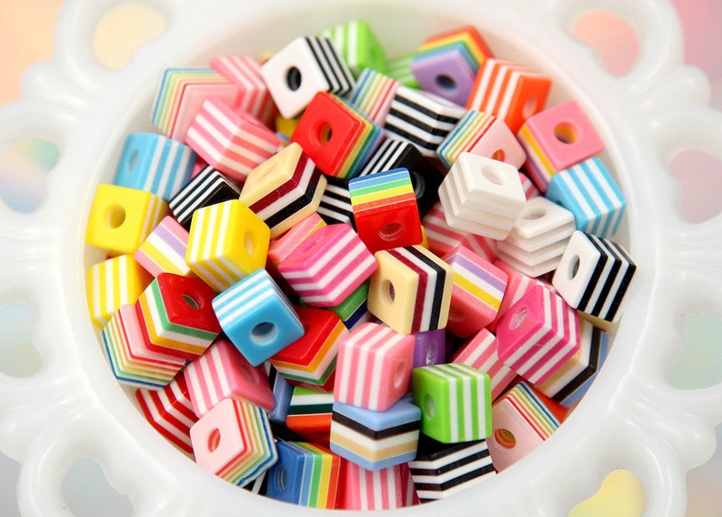 9mm Small Striped Cube Resin Beads, mixed color 80 pc set image 1