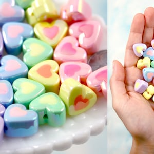 Pastel Heart Beads - 18mm Pastel Amazing AB Two Tone Acrylic Double Heart Beads - Resin Heart Beads - 15 pc set