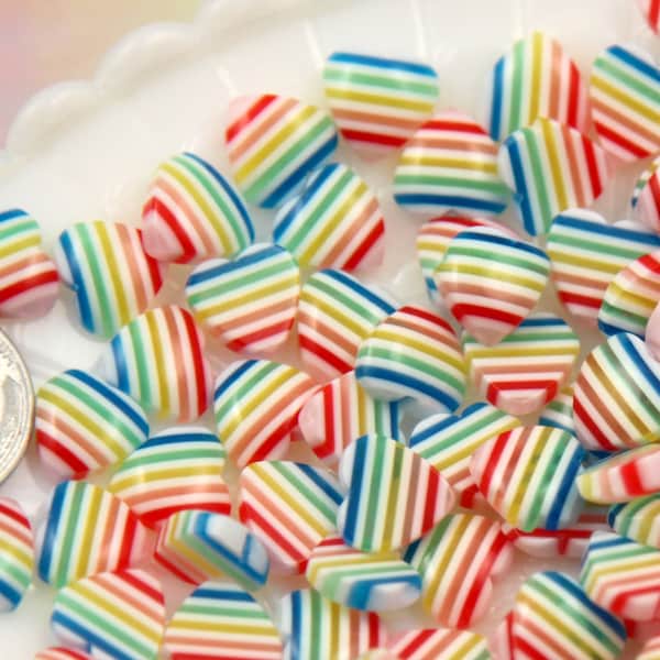 10mm Tiny White Rainbow Striped Hearts Resin Flatback Cabochons - 30 pc set