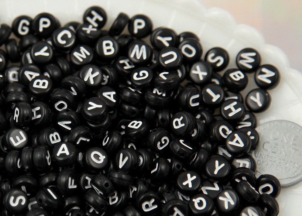 7 mm (0.28 inch) Round Acrylic Black Alphabet Beads - Black/White - Mixed  Letter Beads (50 or 100 Beads) or Separate A-Z Letters (5 Beads)