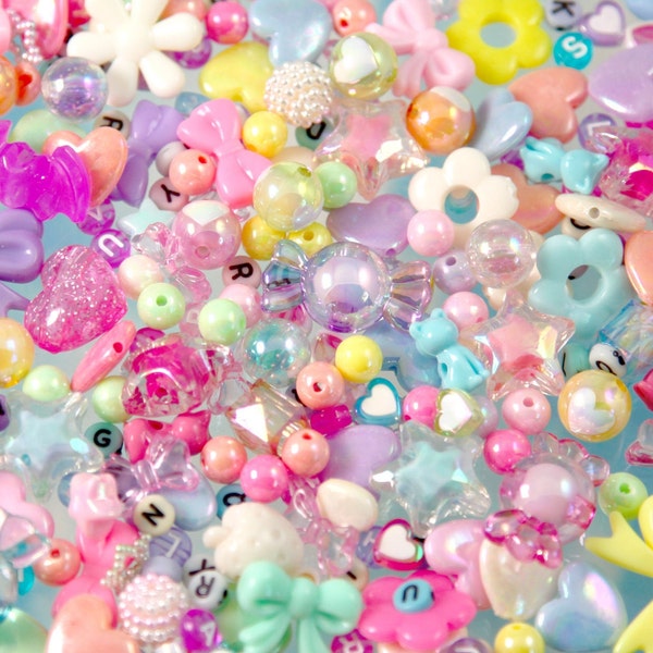Acrylic Bead Grab Bag - Pastel Colors - Mixed Lot of Plastic Beads - great for kandi, ispy, sensory crafts, jewelry making - Over 200 pcs