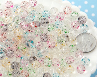 Glitter Beads - 8mm Small Transparent Glitter Acrylic or Plastic Beads - 150 pc set