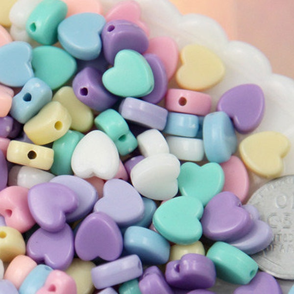 Plastic Heart Beads - 8mm Tiny Plastic Pastel Heart Resin or Acrylic Beads - 200 pc set