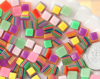 7mm Tiny Candy Cube Bright Striped Neon Rainbow Resin Flatback Cabochons - 20 pc set