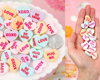 Pastel Hearts - 20mm Pastel Conversation Hearts Resin Flat Back Cabochons - 17 pc set