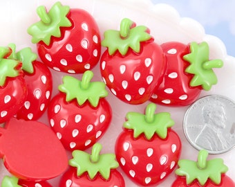 Strawberry Cabochons - 27mm Cute Chunky Red Strawberry Acrylic or Resin Flatback Cabochons - 10 pc set