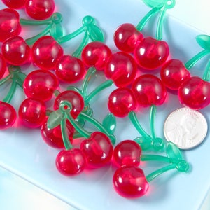 Cherry Charms - 32mm Cute Red Cherries Fake Fruit Charm Cherry Plastic Pendants – 6 pc set