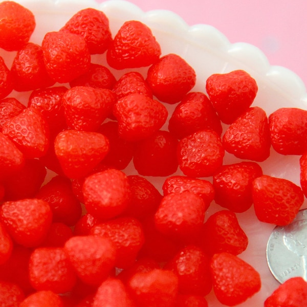 Fake Strawberries - 10mm Fake Strawberry Chunks Soft Squishy Silicone Berry Pieces or Resin Cabochons - 12 pc set