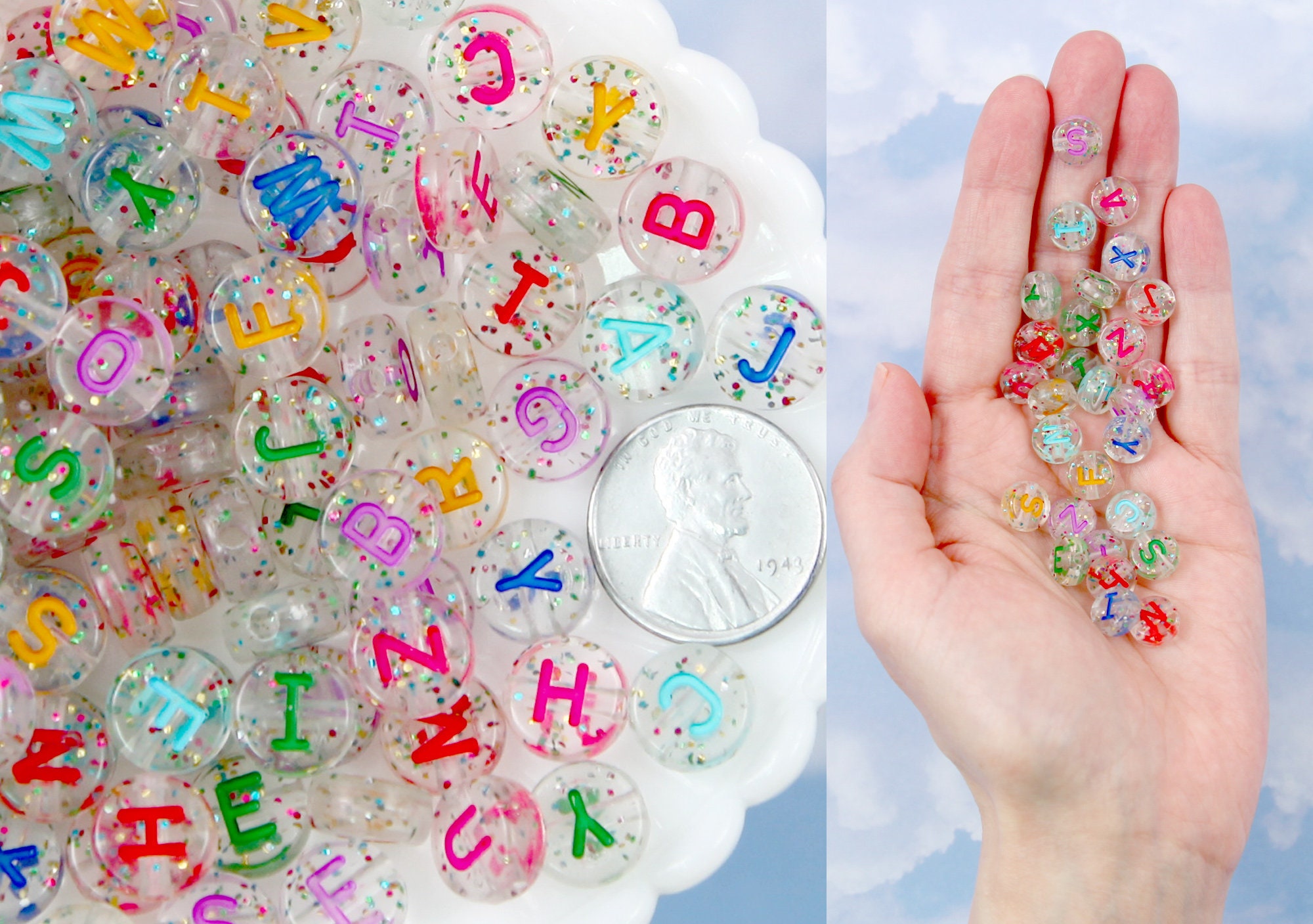 Clear Alphabet Beads for Jewelry Making, Clear Letter Beads for Bracelet,  Clear Coin Alphabet Beads, Pastel Goth Beads, Letter Bead Set 