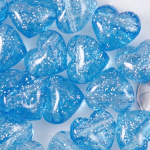 Blue Heart Beads - 18mm Blue Glitter Puffy Heart Acrylic or Resin Beads - 25 pcs set