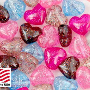 Glitter Heart Beads - 17mm Colorful Glitter Puffy Heart Acrylic or Resin Beads - 25 pcs set