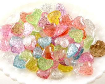 Glitter Heart Resin Cabochons - 15mm Candy Heart Cabochons - 32 pc set