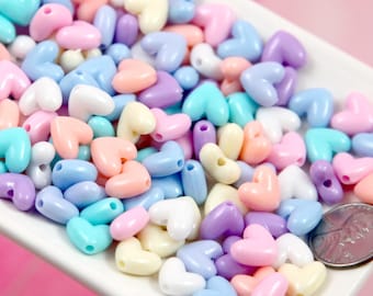 Pastel Heart Beads - 150 pieces - 10mm Cute Flat Pastel Heart Bead Resin or Acrylic Beads