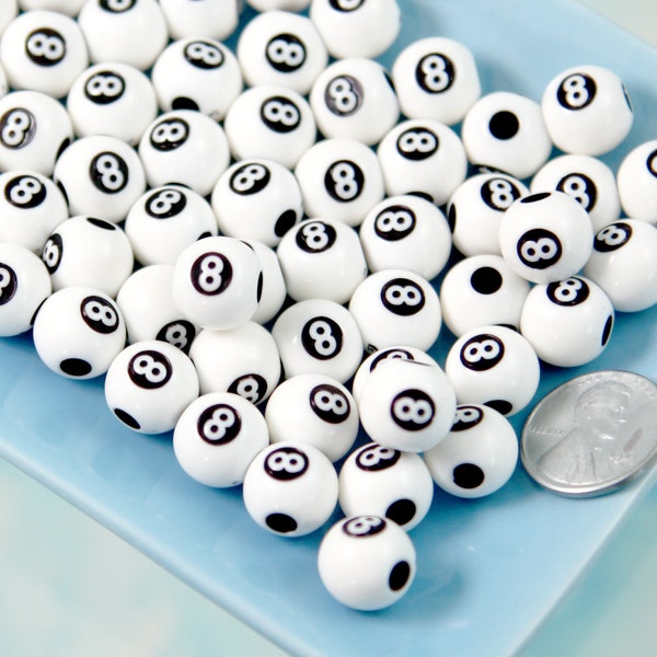 White 8ball Beads - 10mm 8-ball Round White Eight Ball Pool Ball Billiard Acrylic or Resin Beads - 65 pc set