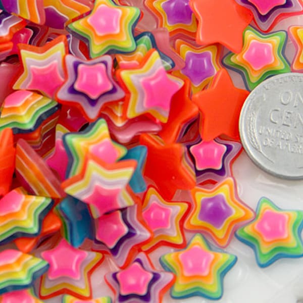 Star Flat Backs - 13mm Tiny Bright Striped Neon Rainbow Stars Resin Cabochons - 16 pc set