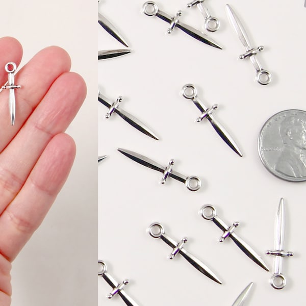 Tiny Sword Charms - 20 pc set - 23mm Metal Sword Dagger or Knife Charm - Easy to Make into Earrings