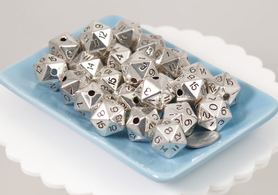 D20 Beads 10 Pc Set 20mm Polyhedral Dice Beads D12 D16 DND Beads  Electroplated Silver Drilled With Holes to Easily Make Jewelry 