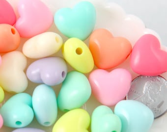 Pastel Heart Beads - 17mm Large Chunky 3D Convex Heart Beautiful Bright Pastel Puffy Hearts Acrylic or Resin Beads - 40 pcs set