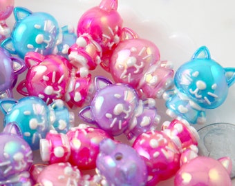 Cat Beads - 22mm Cute AB Cat Bead Colorful Chunky Acrylic or Plastic Beads - 8 pc set