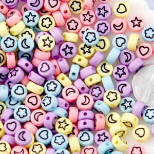 Pastel Symbols for 7mm Letter Beads - 7mm Pastel Moon Heart Flower and Star Symbols for Alphabet Beads Acrylic or Resin Beads - 300 pc set