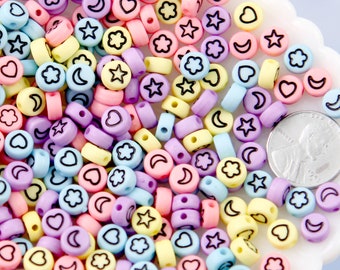 Pastel Symbols for 7mm Letter Beads - 7mm Pastel Moon Heart Flower and Star Symbols for Alphabet Beads Acrylic or Resin Beads - 300 pc set