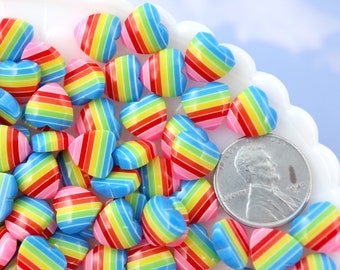 Rainbow Hearts - 10mm Rainbow Striped Hearts Blue Rainbow Acrylic or Resin Flatback Cabochons - 30 pc set