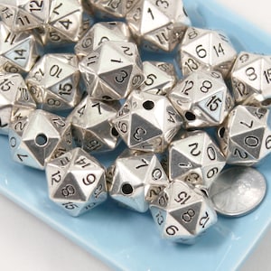 Faux D20 Beads - 10 pc set - 20mm Polyhedral Dice Beads D12 D16 DND Beads - Electroplated Silver - Drilled with Holes to Easily make Jewelry