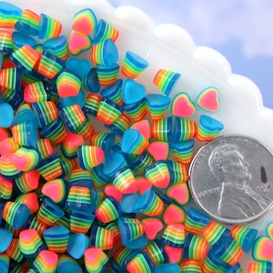 5mm Tiny Bright Striped Blue Neon Rainbow Hearts Resin Flatback Cabochons - 15 pcs set