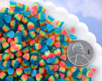 5mm Tiny Bright Striped Blue Neon Rainbow Hearts Resin Flatback Cabochons - 15 pcs set