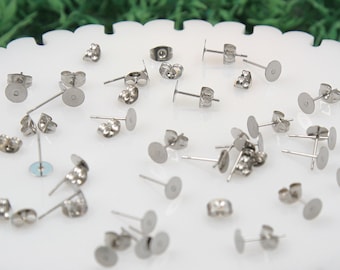 Blank Earrings - 12mm Stainless Steel Stud Earring Posts with 6mm Glue Pads - 15 pairs set