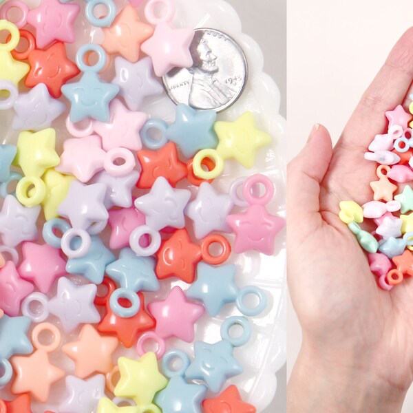 Pastel Star Charms - 18mm Tiny Pastel Star Charms with Faces Plastic or Acrylic Charms or Pendants - 70 pc set