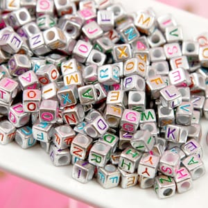 200 Silver Metallic Cube Letter Beads: 6mm Enamel Alphabet Beads