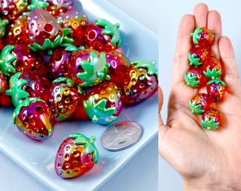 Strawberry Beads - 20mm AB Strawberry Big 3D Acrylic or Resin Beads - 10 pc set