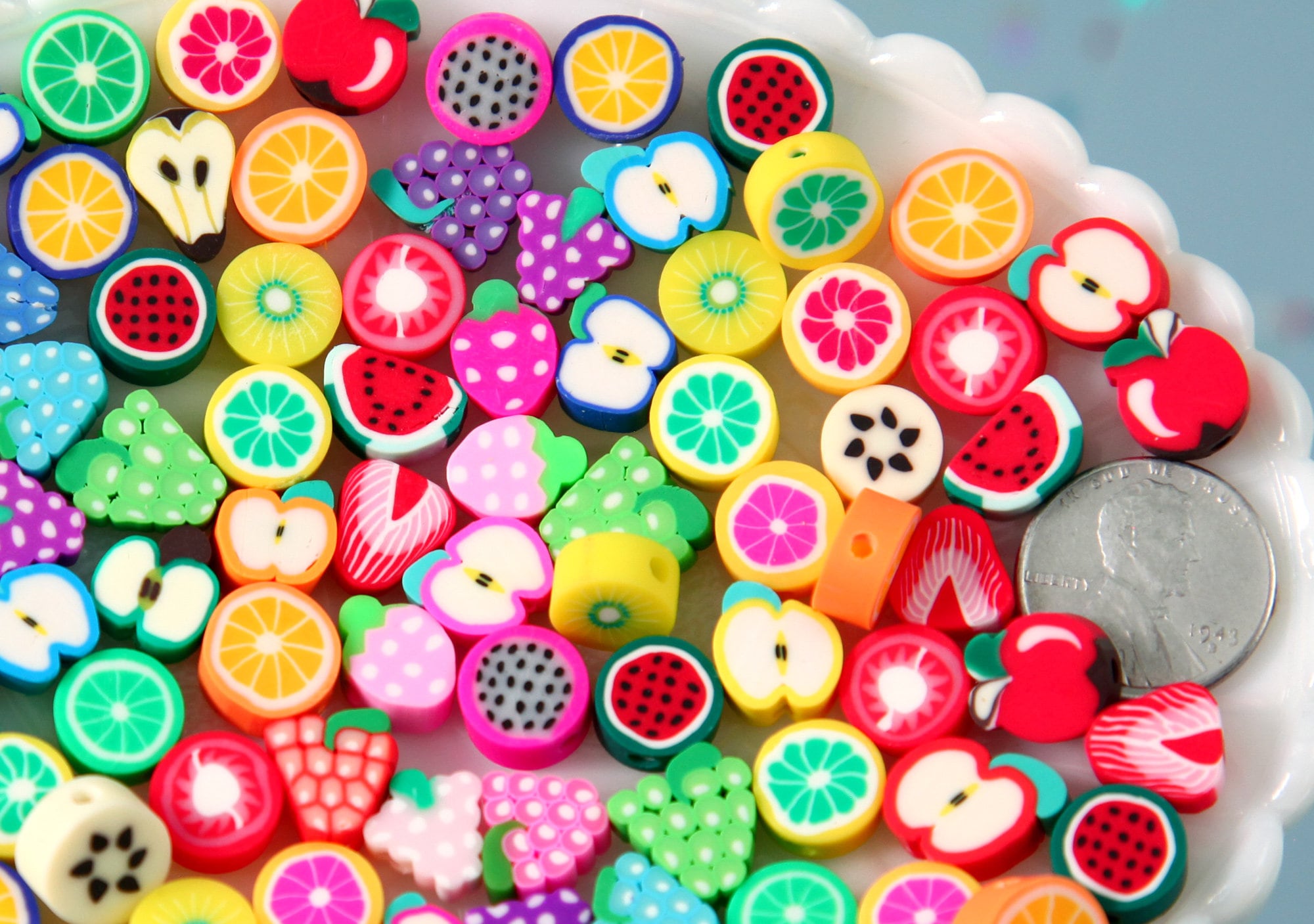 200 Pcs Colorful Fruit Beads 10mm Mixed Polymer Clay Beads for DIY Bracelet Necklace Earrings
