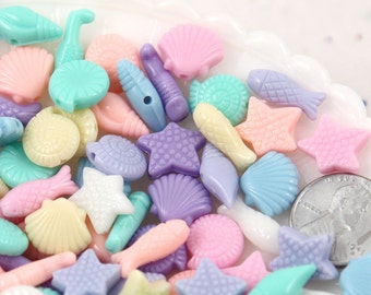 Mermaid Beads - Seashore Mix Small Pastel Mermaid Acrylic or Resin Beads - Shell, Seahorse and Starfish - 150 pc set