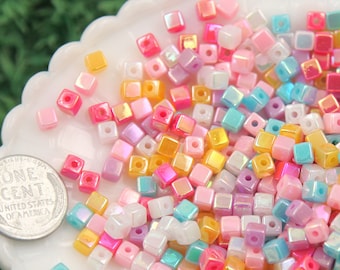 4mm Super Tiny Iridescent Pastel AB Mix Square Cube Acrylic or Resin Beads - 200 pc set