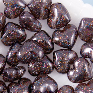 Black Heart Beads - 18mm Black Glitter Puffy Heart Acrylic or Resin Beads - 25 pcs set