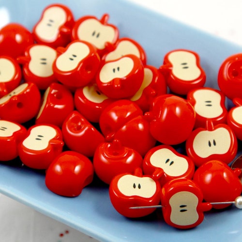 Apple Beads - 10 pieces - 17mm Cute Red Apple Slices Resin or Acrylic Beads