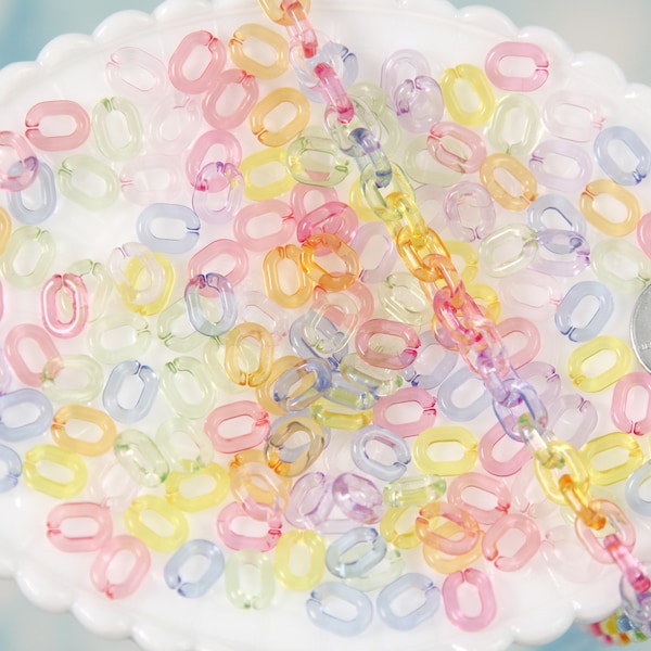 Tiny Plastic Chain Links - 10mm Mini Transparent Colorful Plastic or Acrylic Chain Links - Mixed Colors - 200 pc set