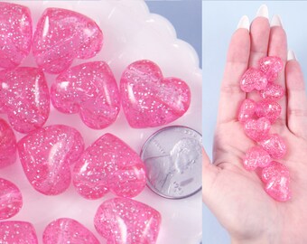 Pink Heart Beads - 18mm Pink Glitter Puffy Heart Acrylic or Resin Beads - 25 pcs set