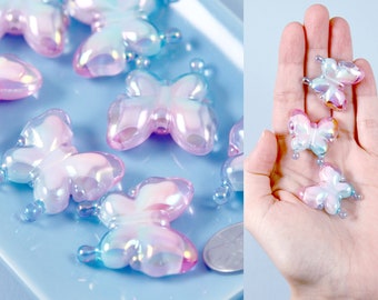 Butterfly Beads - 30mm Pastel Pink and Blue Gradient AB Butterfly Iridescent Acrylic Beads or Resin Beads - 6 pc set