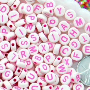 Letter Beads - 7mm White Bead with Pink Text Round Alphabet Acrylic or Resin Beads - 400 pc set