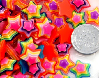 Star Flat Backs - 13mm Tiny Bright Striped Neon Rainbow Stars Resin Cabochons - 16 pc set