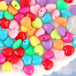 Plastic Heart Beads - 11mm Small Bright Color Plastic Puffy Heart Resin or Acrylic Beads - 100 pc set