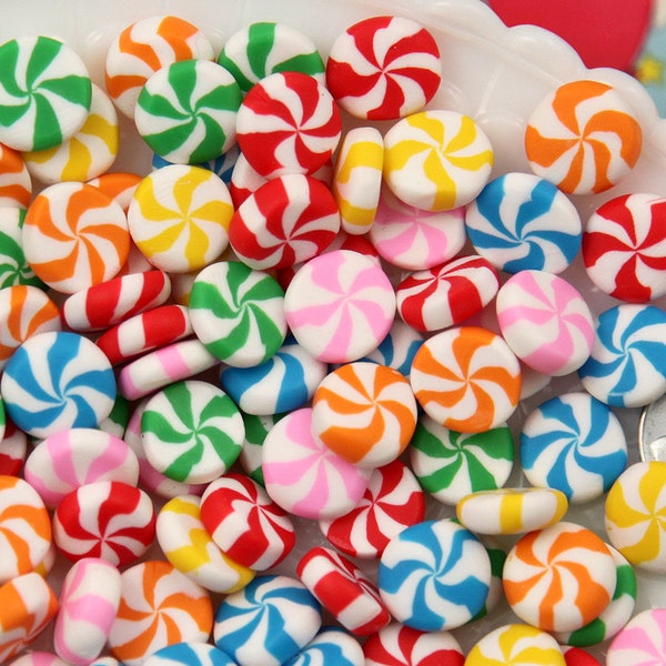 Candy Cabochons - 8mm Chunky Peppermint Swirl Candy Drop Clay or Resin Cabochons - 12 pcs set